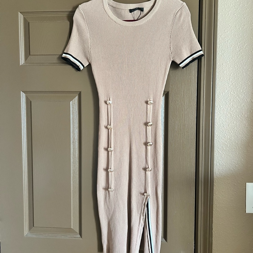 Chic Tan Midi Dress with Button Accents